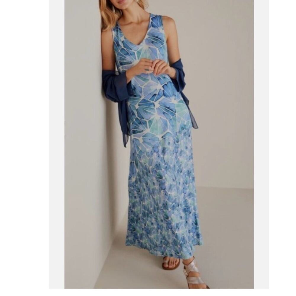 Soft Surroundings Womens Large Blue and Aqua Watercolor Print Midi Dress Artsy
